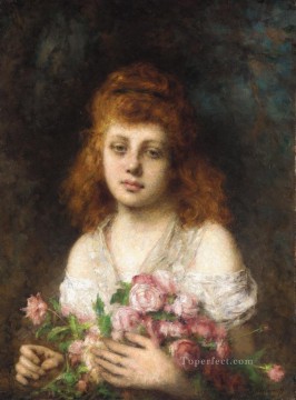  roses Oil Painting - Auburn haired Beauty with Bouquet of Roses girl portrait Alexei Harlamov